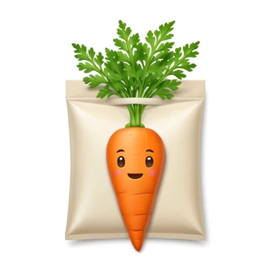 minimal emoji-style carrot seed pack, white packet, orange carrot, green leaves, cute and friendly, smooth outline, soft shadow sticker