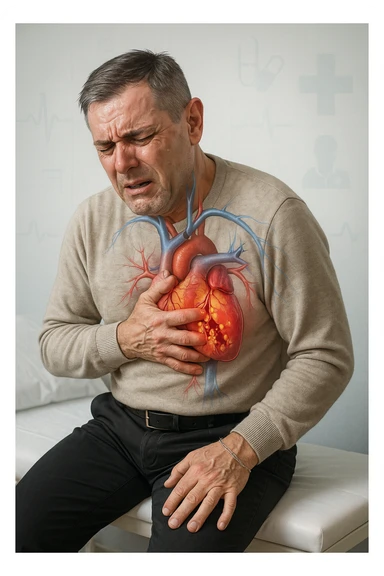 a middle-aged man sits on a bench, clutching his chest with a pained expression. His face is pale and sweaty, and his posture is hunched forward. A transparent overlay reveals his heart and major blood vessels, with highlighted areas indicating blockages or damage. The background is clean and clinical, with subtle medical icons. sticker