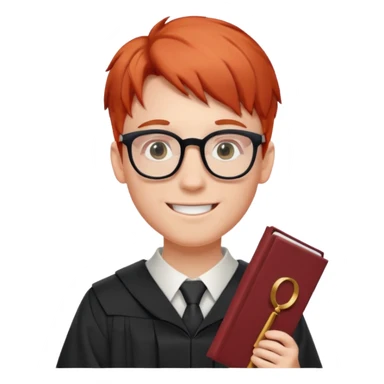 happy graduate, red-haired white boy with glasses, holding diploma sticker