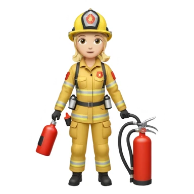 Firefighter with respiratory protection, blonde female, with fire extinguisher sticker