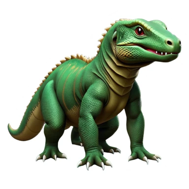 cinematic-komodo-dragon-realistic-full-body-on all fours-emoji,-massive-scaled-body-poised-with-quiet-power,-rough-textured-skin-dark-green-and-brown,-head-tilted-dramatically,-long-forked-tongue-flicking-out,-simplified-yet-realistic-focused-features,-highly-detailed,-glowing-with-an-almost-sarcastic-glow sticker