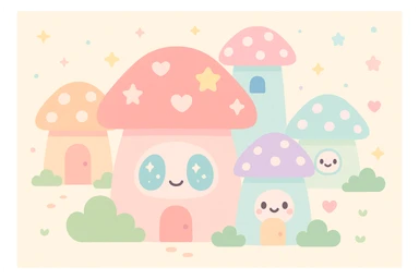 a fantasy village with mushroom houses, kawaii style sticker