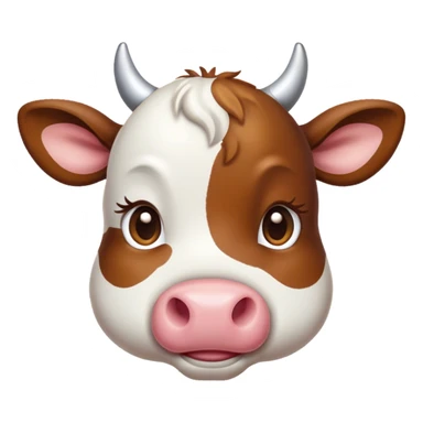 Cinematic Cute Brown and White Cow Portrait Emoji, Head tilted playfully and inquisitively, featuring a glossy, richly patterned hide of brown with striking white patches, round, sparkling brown eyes filled with gentle curiosity, Simplified yet irresistibly adorable features, highly detailed, glowing with a warm, friendly glow, high shine, affectionate and serene, stylized with a touch of country charm, bright and endearing, soft glowing outline, capturing the essence of a mischievous yet loving cow, so playful it feels like it could moo out of the screen and into your arms! sticker