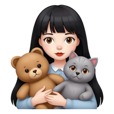 girl,white face,black eyes,red cheeks,long black hair with bangs,holding a British grey cat and a brown teddy bear sticker