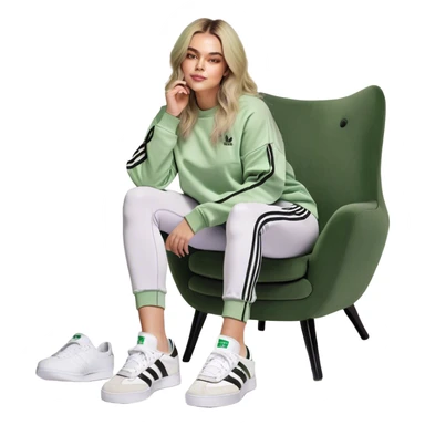 Girl long bright blonde highlighted hair middle part with rosy cheeks and plump mauve lips green eyes and wearing a white sweatshirt and black leggings with black and white adidas OG Samba sneakers sitting in a cozy chair posing with legs over the side of chair  sticker