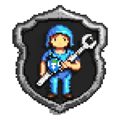 Shield-shaped badge with pixel art person holding car wrench key, colorful IT support design sticker
