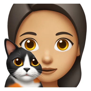 Brunette girl with brown eyes, holding a tricolor  black white and orange cat. Cat hairs are black in one side of its face and orange in the other side of its face. sticker