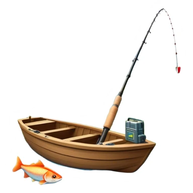 Icon for Fishing Travel: a boat on a calm lake surrounded by mountains and lush greenery, with fish jumping out of the water, a fishing rod, tackle box. The icon should capture the peaceful and adventurous nature of fishing trips. Transparent background. sticker