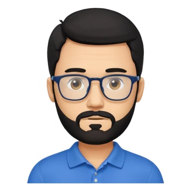 A tanned bearded man with black hair wearing glasses and a blue polo sticker