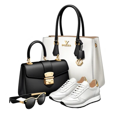 1 bag and 1 watch, and 1 glasses, 1 pair of shoes, and 1 rolex, all BLACK AND WHITE AND SILVER OR WHITE PLATED GOLD put together like a bundle with no face, all luxury items like lv and prada, and rolex, and balenciaga sticker