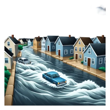 showing a flood disaster scene with strong water waves overflowing streets, partially submerged houses and cars, dark cloudy sky sticker