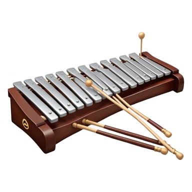 Create a detailed and professional emoji representing a Fleet FLT-SX37 long orchestral wooden xylophone. The design should showcase the large wooden bars of the xylophone, arranged in a traditional setup, with soft metallic accents on the mallets. The bars should have a rich wood texture, with polished details to reflect the quality of the instrument. The mallets should be held above the bars, with the heads clearly visible. Use warm, rich wood tones like mahogany and light brown, with silver or metallic accents for the mallets. Add subtle musical notes floating above the xylophone to emphasize its melodic sound. The background should be transparent. sticker