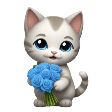 a fat kitten holding a blue bouquet of flowers sticker