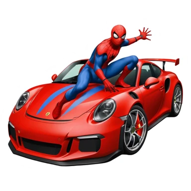 Die-cut sticker of Spider-Man sitting on a Porsche 911 GT3 RS, bold vector art, thick white border, isolated on green hilly background. sticker