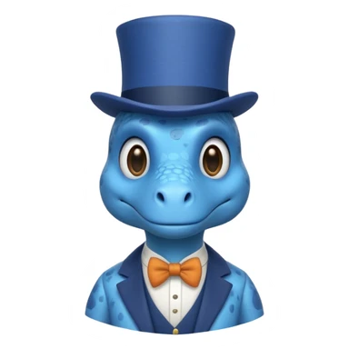 A flat blue dinosaur like 🦕 with monocle and tophat sticker