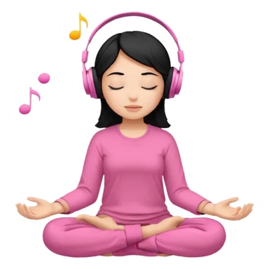 Chica de pelo negros con los ojos cerrados escuchando musica en audifonos y con camisa rosa mientras medita sticker