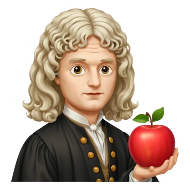 Isaac Newton wearing 17th-century aristocratic attire with long curled periwig, hold an apple sticker