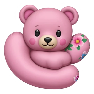 pink teddy bear with a floral neck pillow, classic iPhone emoji style, flat, minimal, rounded shapes, simple face sticker