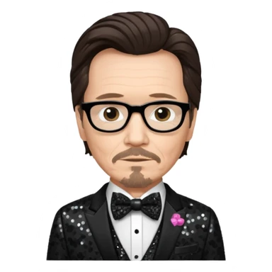 Gary Oldman with dark brown hair hair, black sequin suit with bow tie sticker