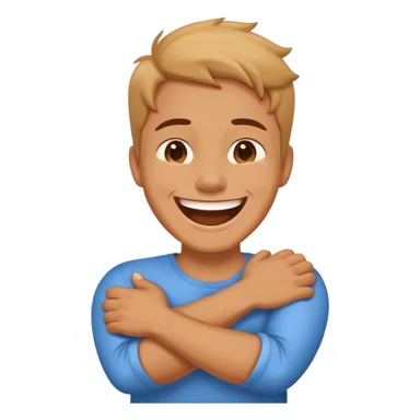 person laughing crossing arms holding neck sticker