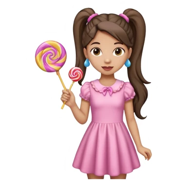 Girl with long dark ponytails wearing light pink body dress holding a lollipop sticker