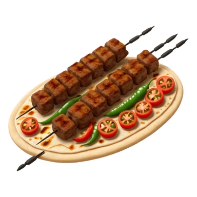 Adana kebab object icon, spicy grilled minced meat skewer, served on flatbread, grilled tomatoes and green peppers on the side, smoky char marks, juicy texture, 3D cartoon, mobile game icon style, centered, clean background, no text, no watermark
 sticker