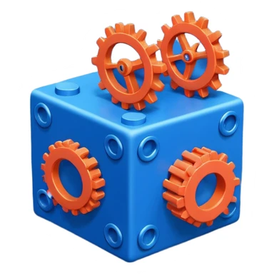 Modern minimal emoji: building blocks + connection flows + gear. Deep blue and coral colors. Professional no-code expert signature. Geometric clean style. sticker