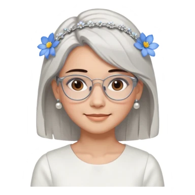  Emoji of a smiling girl with neck-length straight brown hair, fair tan skin, brown eyes, soft black brows, wearing silver glasses, pearl earrings, white hair clips, and blue flowers in her hair. She's in a clean white dress or shirt, with a soft clean girl aesthetic on a white background sticker