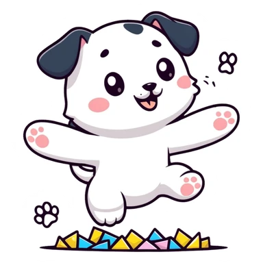 puppy jumping in confetti with paw up sticker