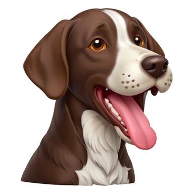 Cinematic Comical German Pointer Dog Portrait Emoji, Head tilted dramatically while yawning exaggeratedly, sleek brown and white fur, Simplified yet hilariously adorable features, highly detailed, glowing with an almost sarcastic glow, high shine, a mix of lazy and curious, stylized with a touch of playful whimsy, bright and alert but with a comical expression, soft glowing outline, capturing the essence of a mischievous yet overly dramatic dog, so meme-worthy it feels like it could leap off the screen and sassily demand attention, ready to become the internet’s next viral sensation! sticker