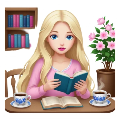 cinematic realistic blonde with long hair, blue eyes, pink lips, sitting in a cozy atmosphere, reading a book, next to the table is a cup of coffee with delicate floral ornaments sticker