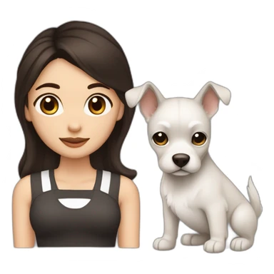 One white women with long dark brown hair and long eyelashes dark brown eyes and thick dark brown eyebrows with one black dog with a white stripe on the neck and ears raised up sticker