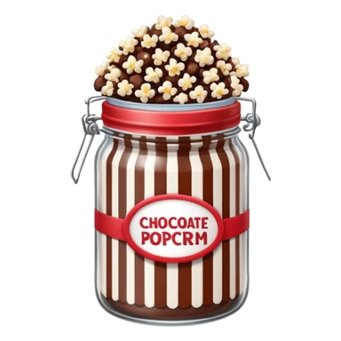 Chocolate popcorn in a jar with red and white vertical lines sticker