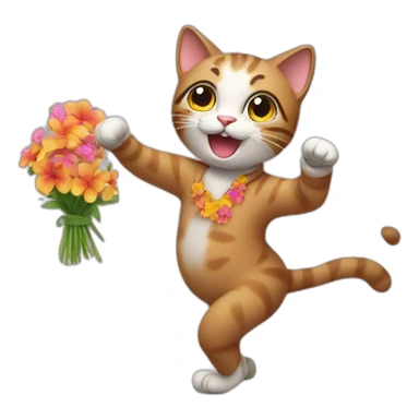 dancing cat with flowers in the hands sticker