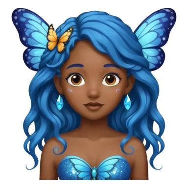 Black girl fairy with long wavy blue hair butterfly wings sparkly sticker