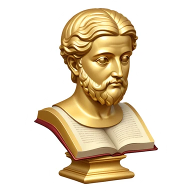 An icon featuring a classical bust, a book of philosophy, symbolizing the study of philosophy. The design includes an abstract symbol of thought and reasoning, representing deep intellectual inquiry and exploration of ideas. Transparent background sticker