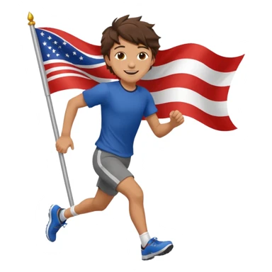 A teen boy with messy brunette hair, running with a fluttering flag behind him. sticker
