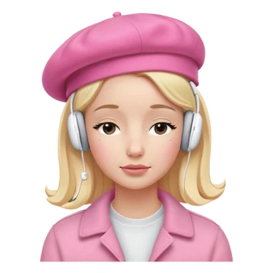 blonde American girl wearing a pink beret and AirPods Max headphones, listening to music with closed eyes sticker