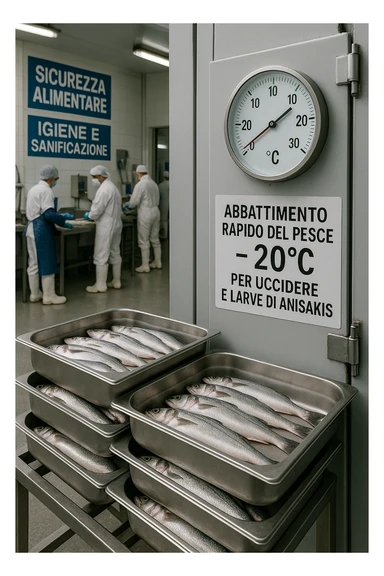 a fish processing facility where freshly caught fish are placed on trays and moved into a large industrial freezer. A temperature gauge shows -20°C, and an educational label explains that rapid freezing (abbattimento) is used to kill Anisakis larvae. The background includes workers in protective clothing and clear signage about food safety. in italiano sticker