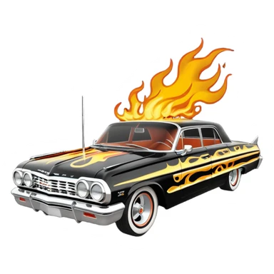 Hot rod custom 1964 impala low rider four door Anubis theme painted hood flaming side-pipes sticker