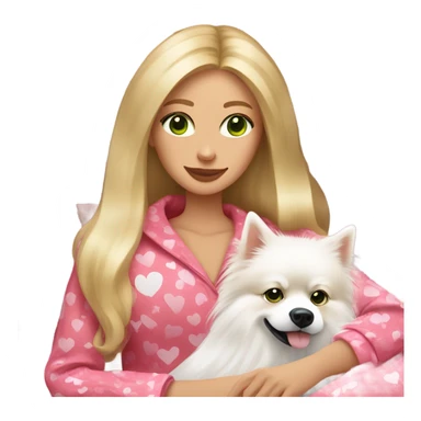 Woman, long length blonder hair, give her pretty green colored eyes, wearing red and pink hearts design on pajamas, lounging on a cozy couch with white fluffy pomeranian dog sticker