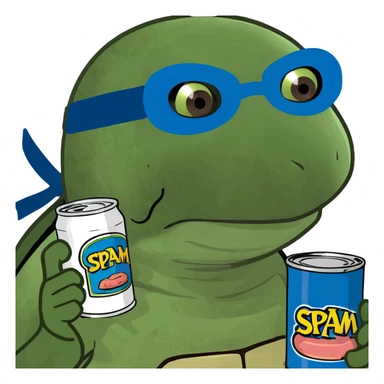 ninja turtle wearing blue eye mask with SPAM can sticker