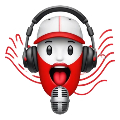 Create a dynamic and energetic emoji that represents beatboxing. The design should feature a stylized microphone with lips and baseball cap on it, sound waves emanating from it , symbolizing vocal percussion and rhythm. Add elements like headphones or a subtle speaker to emphasize the music production aspect. Use bold colors like black, white, and red to convey the intensity and creativity of beatboxing. The background should be transparent. sticker