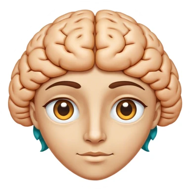 An androgynous face emoji with golden brown eyes and a friendly expression. The hair is replaced with a symmetrically parted teal blue brain sticker