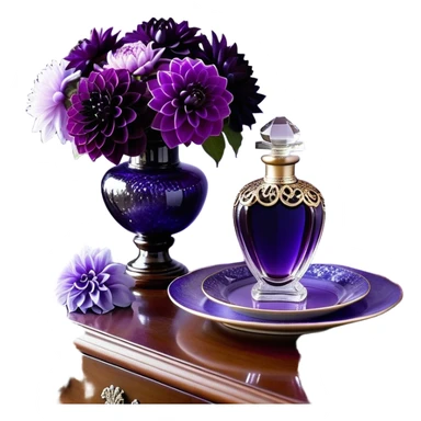 An ornate dark amethyst French-style perfume bottle, adorned with filigree accents, sits beside a porcelain dish of violet-hued petals. Lush periwinkle dahlias spill from a crystal vase, their soft petals contrasting with the bottle’s rich purple tones. A silk ribbon in muted lilac drapes across the wooden dresser, completing the dreamy vintage scene. The faint aroma of iris and musk lingers, reminiscent of an old-world Parisian boudoir. sticker