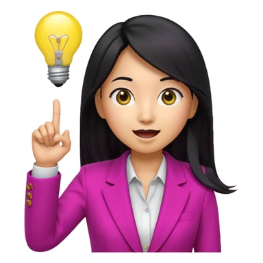 Cute 3D emoji of a Korean woman in a magenta blazer, long black hair and big brown eyes, with a light bulb above her head, excited expression, finger pointing up, solid lemon yellow background. sticker
