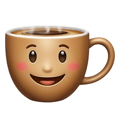 Create an emoji-style image of a warm morning cup of coffee with steam rising and a cheerful smiling face on the cup. The background should feel cozy and bright, like morning sunshine. sticker