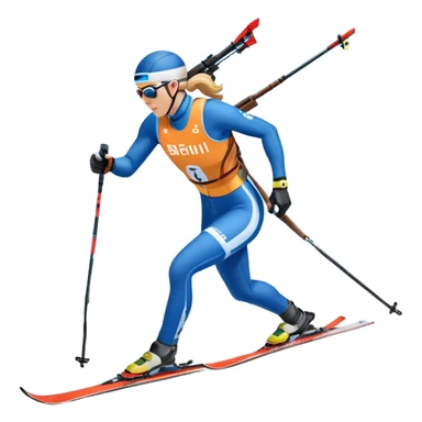An icon featuring a biathlete in motion, holding a rifle and skiing across a snowy course. The backdrop includes snow-covered trees, distant mountains, and a clear blue sky. Transparent background highlights the precision, endurance, and excitement of biathlon. sticker