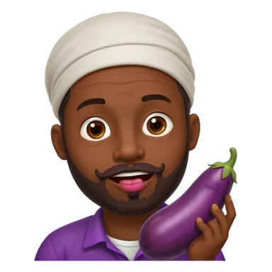 Dominican man with a beard is licking an eggplant sticker