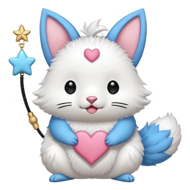 GENERATE ME A MOMONGA WHITE ANIMAL  FROM CHIIKAWA AND PUT A SAKURA FLOWER ON HIS HEAD AND A STAR PELT ON HIS BELLY AND A HEART PURSE ON HIS ARM WITH HIS FACE MAKE HIS TOUNGE STICK OUT WITH A LITTLEPINCH OFDROOL AND MAKE HIM ANIME STYLED ART GIVE HIM A BIG BLUE FLUFFY TAIL JUST TAIL sticker